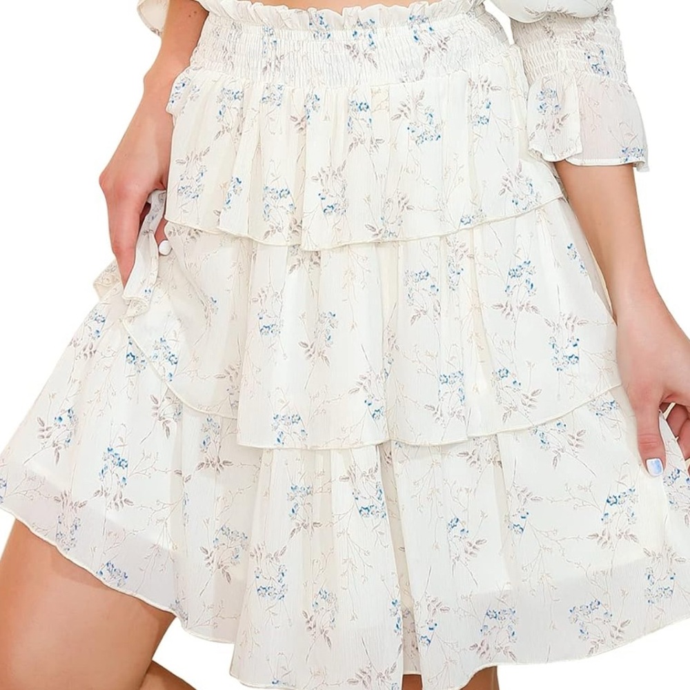 Womens White Blue Floral 2-Piece Set Off Shoulder Top + Skirt Cottagecore Boho S - Picture 10 of 12